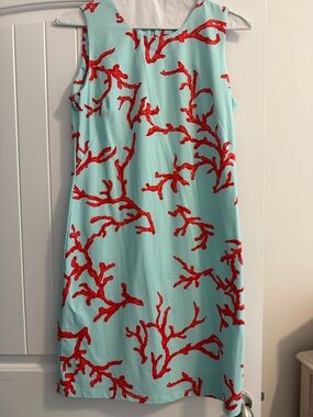 Sleeveless Aqua Midi Dress with Red Coral Print